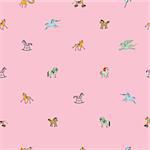 Sparse seamless pattern with toy horses, hand drawn cartoons over a pink background