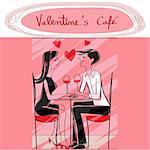 Hand drawn illustration of two lovers at the cafe, talking and drinking wine, pink Valentine's Day card