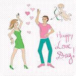 Valentine's Day card, Love Day cartoon illustration of two lovers dancing and Cupido with bow