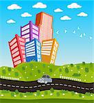 Illustration of a cartoon road driving through cityscape downtown