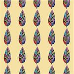 Doodling hand drawn seamless background with colorful feathers and ethnic patterns, vector illustration