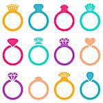 Colorful vector engagement or wedding ring icons isolated