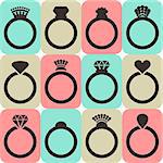 Vector engagement or wedding rings in colorful squares