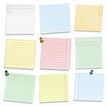 Colored notebook paper with push pins and clips, vector eps10 illustration