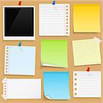 Paper notes, sticky papers an photo frames on bulletin board, vector eps10 illustration