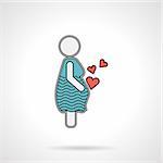 Flat color vector icon with black contour for pregnant woman with hearts on white background.