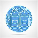 Circle blue flat vector icon with white line aqualung for diving and snorkeling on gray  background.