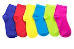 Line of colorful socks on white background