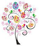 vector Easter tree with flowers, eggs, birds