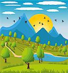 Illustration of beauty landscape with tree and mountain background