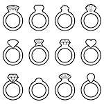 Black vector engagement or wedding ring icons outline