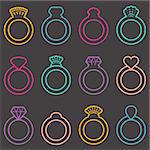 Colorful vector engagement or wedding ring icons outline