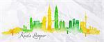 Silhouette of Kuala Lumpur city painted with splashes of watercolor drops streaks landmarks with a yellow-green colors