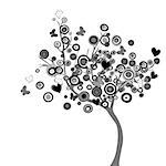 Stylized black tree with circles and butterflies