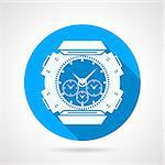 Flat blue round vector icon with white silhouette waterproof divers watch on gray background. Long shadow design