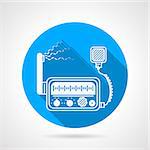 Flat blue round vector icon with white silhouette VHF radio transceiver station with loud speaker on gray background. Long shadow design