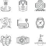 Set of flat black contour vector icons for diving or snorkeling on white background