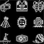 Set of flat white contour vector icons for diving and snorkeling equipment on black background.