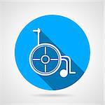 Single circle blue flat vector icon with white contour wheelchair a side view on gray background with long shadow.