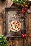 Italian cuisine. Pasta with olive oil, garlic, basil and tomatoes. Spaghetti with tomatoes