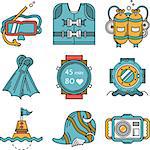 Set of flat color design vector icons with black contour for diving and snorkeling equipment and elements on white background.