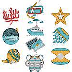 Set of flat color design vector icons with black contour for sea creatures and sea leisure sport symbols on white background