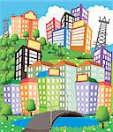 Cartoon illustration of a modern city with power line