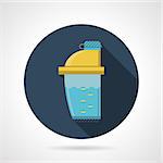Dark blue flat color design round vector icon for sport supplements shaker container for dieting athlete. Long shadow design.
