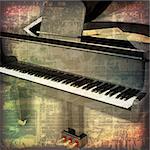abstract grunge cracked music symbols vintage background with grand piano