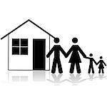 Icon illustration showing a family in front of a simple house