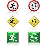Icon set showing traffic signs with a soccer ball and a person playing soccer
