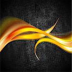 Bright yellow orange waves on dark background. Grunge vector design