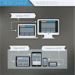 Flat style responsive webdesign technology on dark gray blurred background, 10 EPS