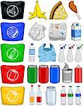 Vector illustration pack of organic paper plastic aluminium and glass items for recycling.