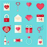 Valentine day flat style icons with over blue. Flat stylized object set