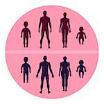 Full length front human silhouette vector illustration, isolated on pink