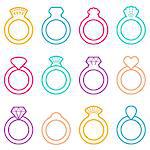 Vector engagement or wedding rings thin line icons