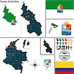 Vector map of region of Sucre with coat of arms and location on Colombian map