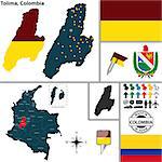 Vector map of region of Tolima with coat of arms and location on Colombian map