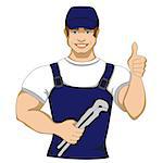 Cartoon plumber holding a monkey wrench. Isolated vector illustration of a worker service handyman character person in a blue cap