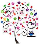 vector tree with flowers and owls swinging