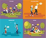 Family with children kids people concept flat icons set of cycling, rollerblading, play badminton and picnic