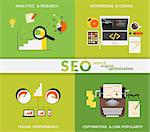 Infographic flat concept illustration of SEO. 4 items described