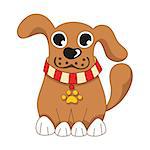 Cartoon puppy, vector illustration of cute dog wearing a red collar with gold pet paw tag, happy doggy