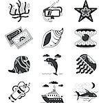 Set of black silhouette vector icons for underwater life and diving research on white background.