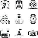 Set of black silhouette vector icons for marine equipment and objects on white background.