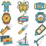 Flat color design icons vector collection for scuba diving equipment and objects on white background.