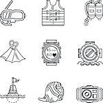 Set of black contour vector icons for diving equipment and objects on white background.