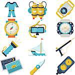 Set of flat color style vector icons for diving sport equipment and accessory on white background.