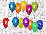 Colorful birthday greeting card with confetti and ballons
